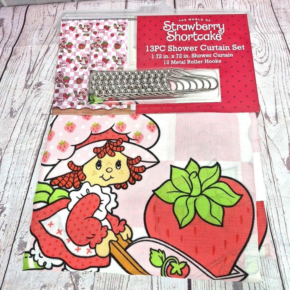 Strawberry Shortcake 13PC Shower Curtain Set Pink Checkered Berry Cute 72x72 NEW